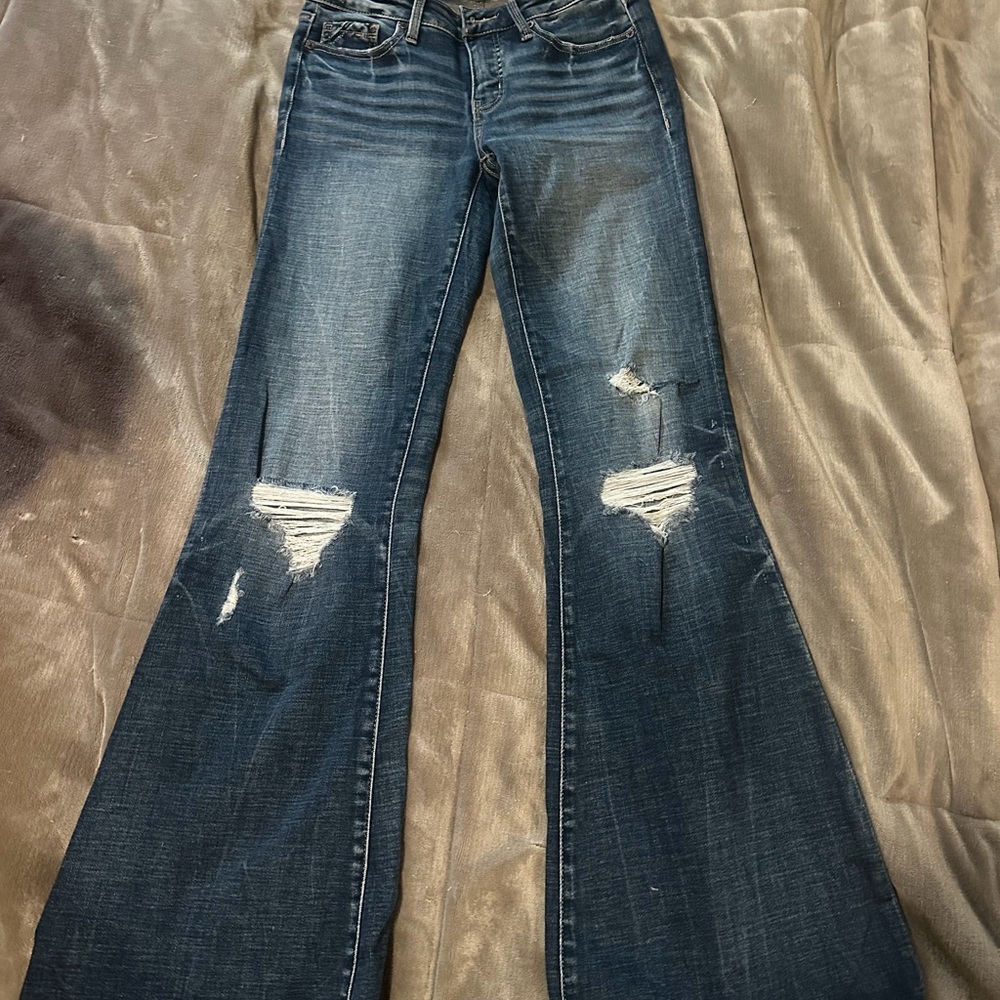 Buckle Distressed Blue Flare Jeans